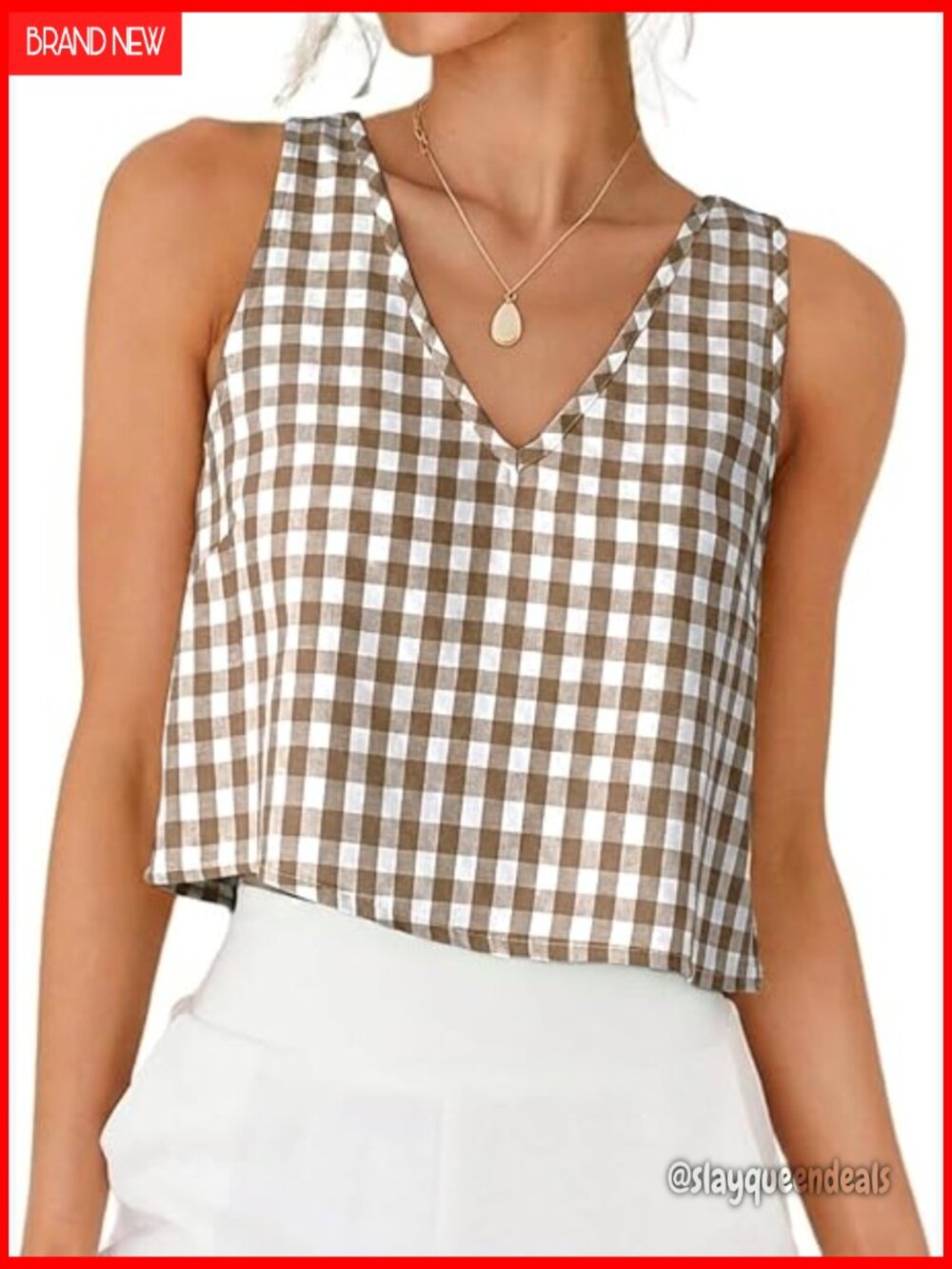 V-Neck Gingham Cropped Tank Top Sleeveless Lightweight Summer Blouse
